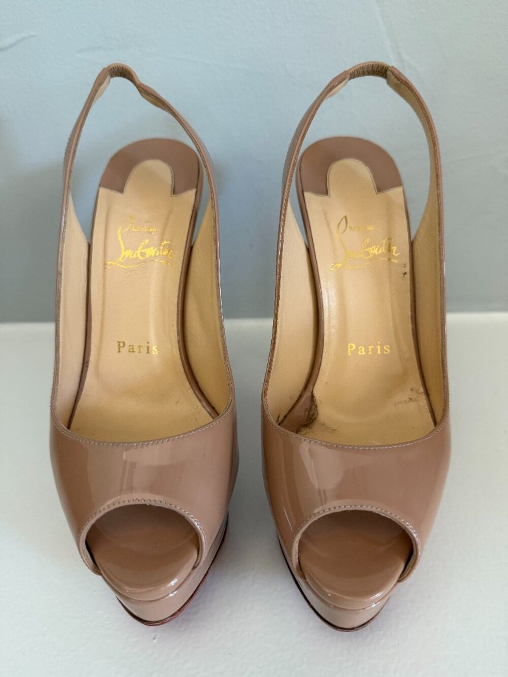 Christian Louboutin Lady Peep Sling 150 Nude Patent Heels – Size 37 – With Box